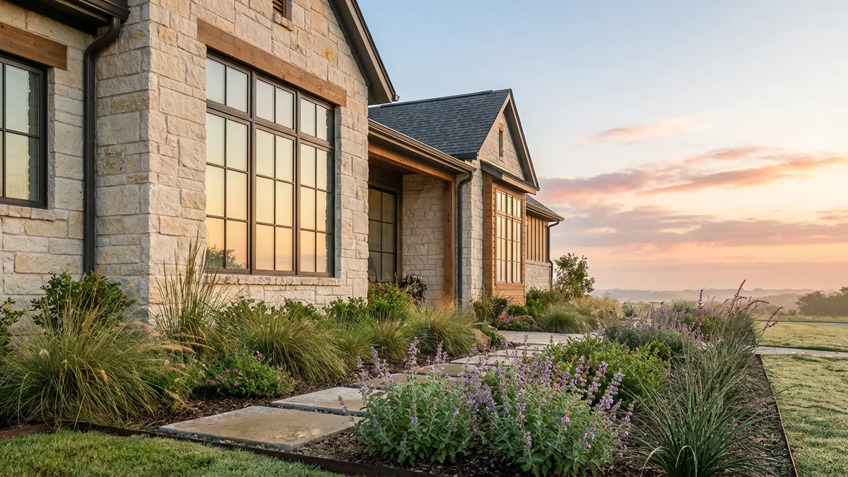 Close-up, detailed shot of an elegant, modern luxury home facade in Parker, TX, bathed in soft, early morning light. Architectural details like stone siding, large windows, and manicured landscaping are in sharp focus. The foreground features a small, tastefully designed garden bed. Background shows a hint of expansive Texas sky with soft clouds. Cinematic lighting, golden hour, 16:9 aspect ratio, highly detailed 8k.