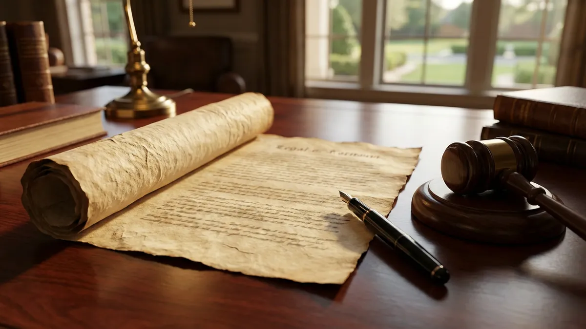 Overhead view, weathered legal parchment scroll with blurred property deed text, a black fountain pen, and a polished wooden gavel, positioned on a dark mahogany desk. Cinematic lighting, soft shadows, sharp focus on parchment texture. 16:9 aspect ratio, highly detailed 8k.