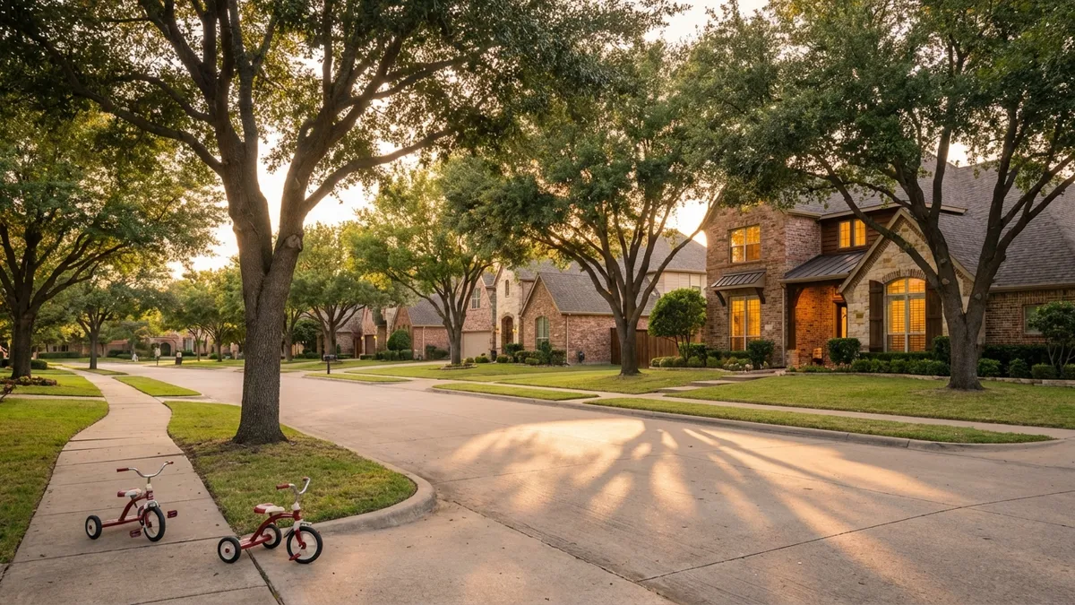 Cinematic lighting, golden hour, 16:9 aspect ratio. A wide-angle view of a serene suburban street in Plano, TX. Mature oak trees line the street, casting long shadows. Custom single-family homes with warm, inviting lights glowing from windows are visible. A sidewalk with a few tricycles. The textures of brick, stone, and wood are highly detailed. The atmosphere is peaceful and family-oriented, with no people present.