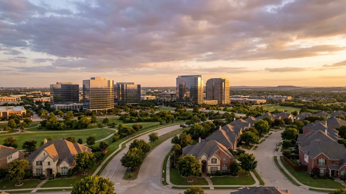 High-angle urban landscape shot of Plano, Texas, at early sunset. Modern glass skyscrapers reflecting golden light, juxtaposed with verdant suburban streets and traditional brick homes. Soft, warm cinematic lighting, 16:9 aspect ratio, highly detailed 8k. Focus on architectural variety and a well-maintained, orderly environment. No people, no text, no cars.