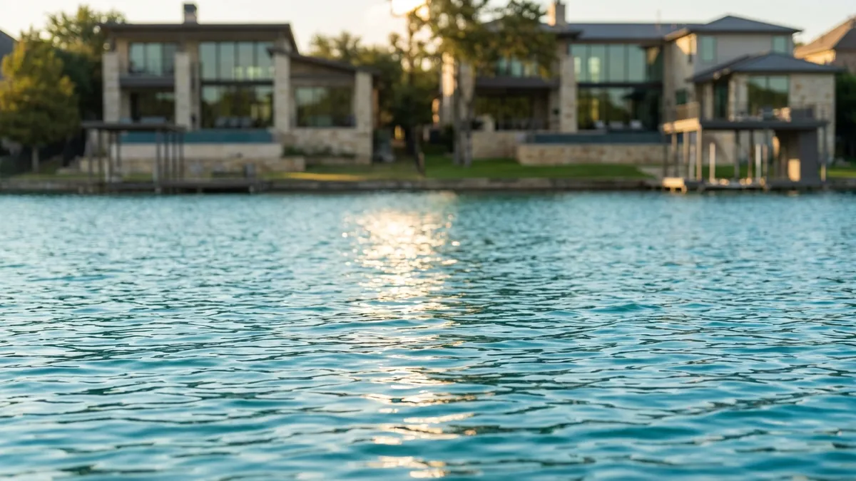 Close up view of the surface of a serene, clear blue lake, with gentle ripples reflecting soft sunlight. In the background, out of focus, are modern, elegant waterfront homes with large windows and docks. Cinematic lighting, soft golden hour glow, 16:9 aspect ratio, highly detailed 8k photography, natural textures, calm atmosphere.