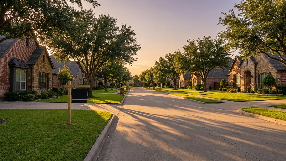 A wide-angle shot of a serene, tree-lined street in a Ponder, TX residential neighborhood. Late afternoon golden hour lighting, long shadows. Brick and stone single-family homes with well-maintained green lawns and mature trees. A subtle 'For Sale' sign visible in the foreground. Cinematic, highly detailed 8k.