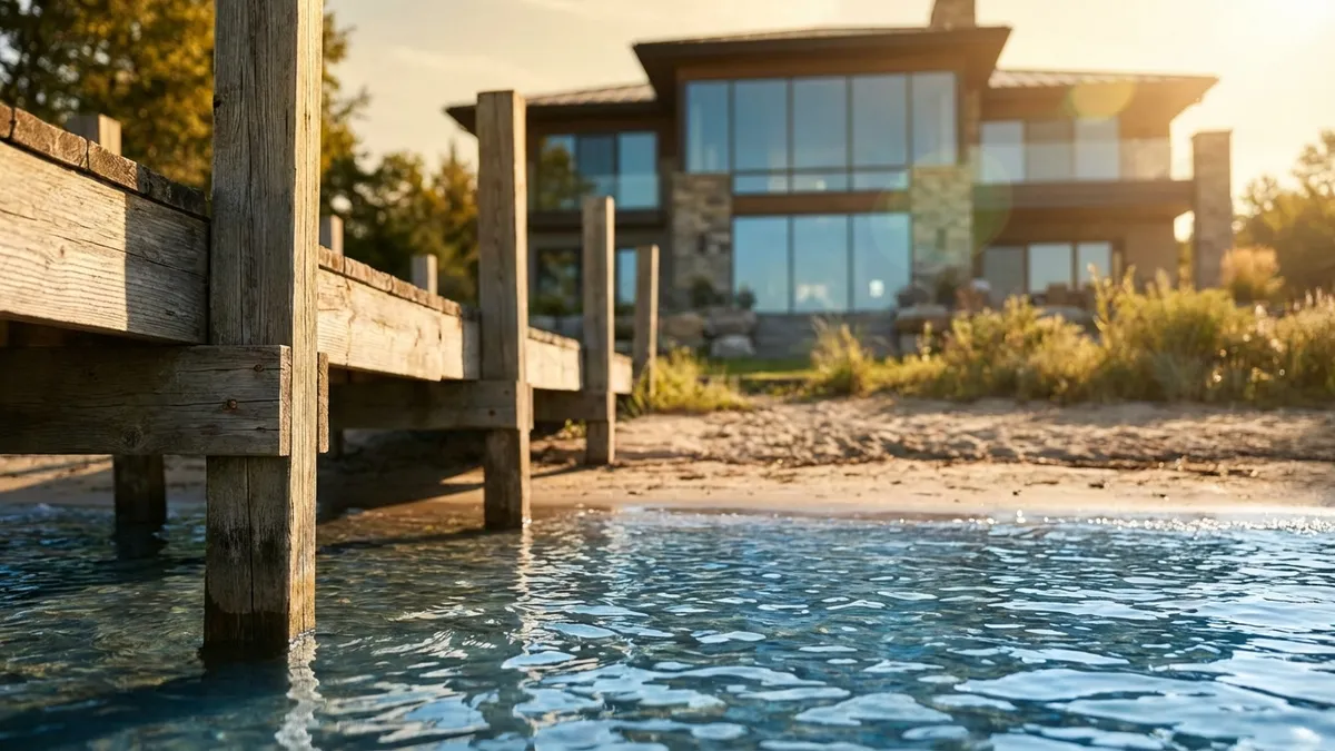 Close-up of clear blue lake water gently lapping at a sandy shoreline with a wooden dock. In the background, a modern, luxurious lakeside home with large windows reflects the morning sun. Cinematic lighting, golden hour, 16:9, highly detailed 8k, slight lens flare, peaceful, natural textures.