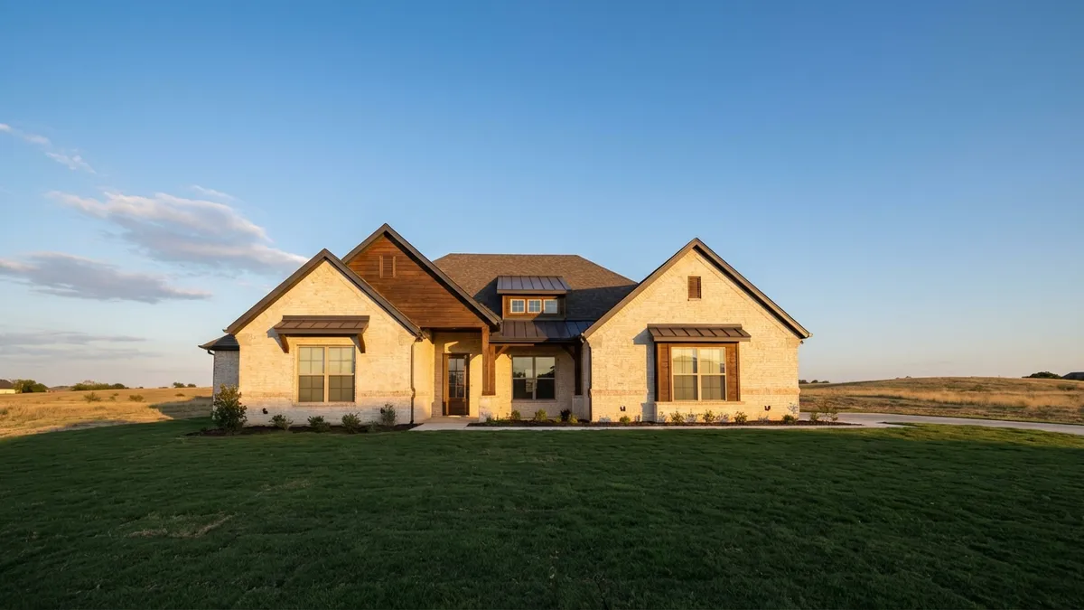 A wide-angle shot of a newly built, modern suburban home in Princeton, TX, bathed in warm, golden hour sunlight. The house features light brick and dark trim, with a well-maintained green lawn. In the background, gently rolling Texas plains under a clear blue sky with soft, wispy clouds. Cinematic lighting, 16:9 aspect ratio, highly detailed 8k.