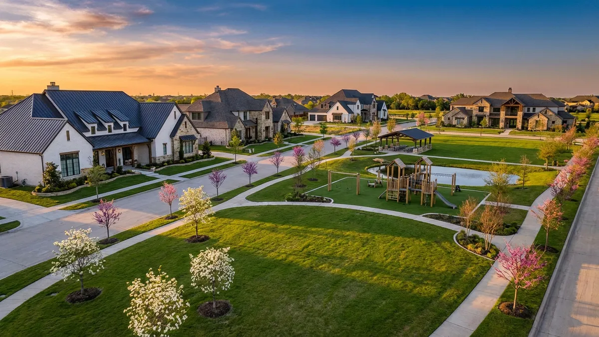 A wide-angle landscape shot of a modern, upscale master-planned community in Prosper, TX, during late afternoon sunlight. The scene features manicured lawns, newly constructed luxury homes with varying architectural styles, and mature trees beginning to bloom. A community park with a playground is visible in the mid-ground. Cinematic lighting, golden hour, 16:9 aspect ratio, highly detailed 8k.