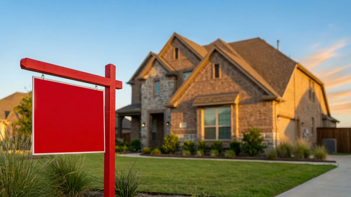 Close-up of a 'Sold' sign with a blurred background of a modern, two-story luxury home in Prosper, TX, featuring manicured landscaping and a clear blue sky. Cinematic lighting, golden hour, 16:9, highly detailed 8k. Focus on the sharp, vibrant red color of the 'Sold' sign against the soft textures of the home's brick and stone facade and green lawn.