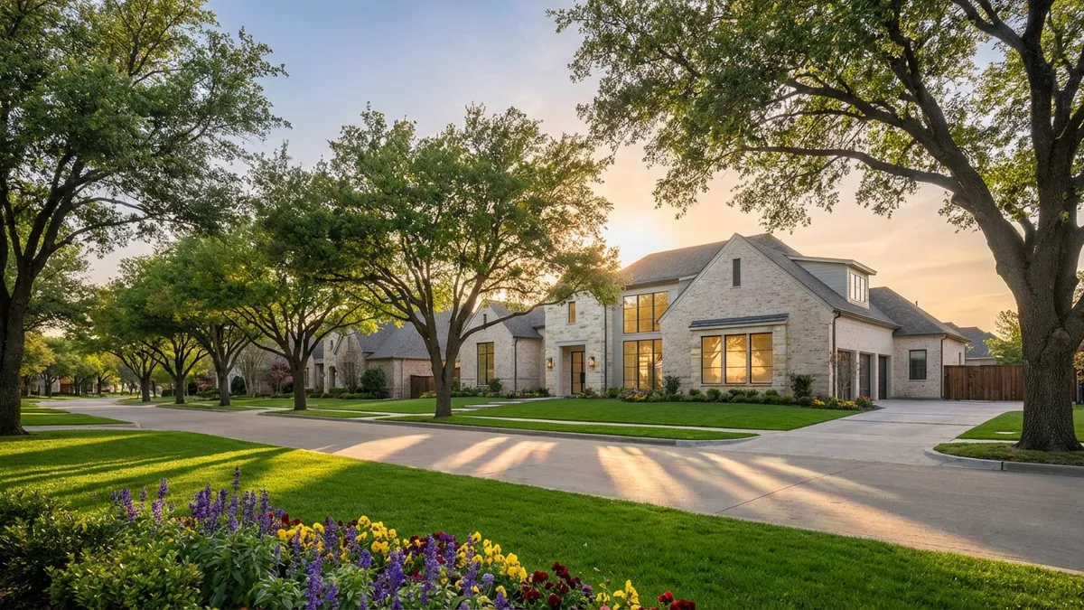 A wide-angle, cinematic shot displaying a serene, upscale residential street in Prosper, TX. The foreground features a well-manicured lawn with vibrant spring flowers. Beyond, a modern, light-colored brick home stands with large windows reflecting soft, golden hour sunlight. There are no cars or people visible. Tall, mature trees with fresh green leaves line the street, casting dappled shadows. The sky is a clear, soft blue with hints of hazy warmth. The overall impression is peaceful and affluent. Shot at eye-level, a 16:9 aspect ratio, 8k, highly detailed.