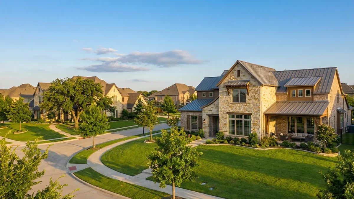 A wide-angle landscape view of a modern, upscale master-planned community in Prosper, TX. Lush green lawns, mature trees, and contemporary, elegant homes with brick and stone facades. Clear blue sky with soft, scattered clouds. A subtle golden hour glow on the scene. Cinematic lighting, 16:9 aspect ratio, highly detailed 8k. No people visible. Focus on architectural detail and serene suburban environment.