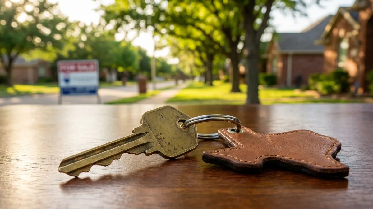 Close-up, detailed shot of a single house key with a Texas-shaped keychain resting on a polished wooden surface, a blurry background of a suburban Hurst neighborhood street with blooming spring trees and a 'for sale' sign in the distance. Cinematic lighting, soft afternoon sun, 16:9, highly detailed 8k.