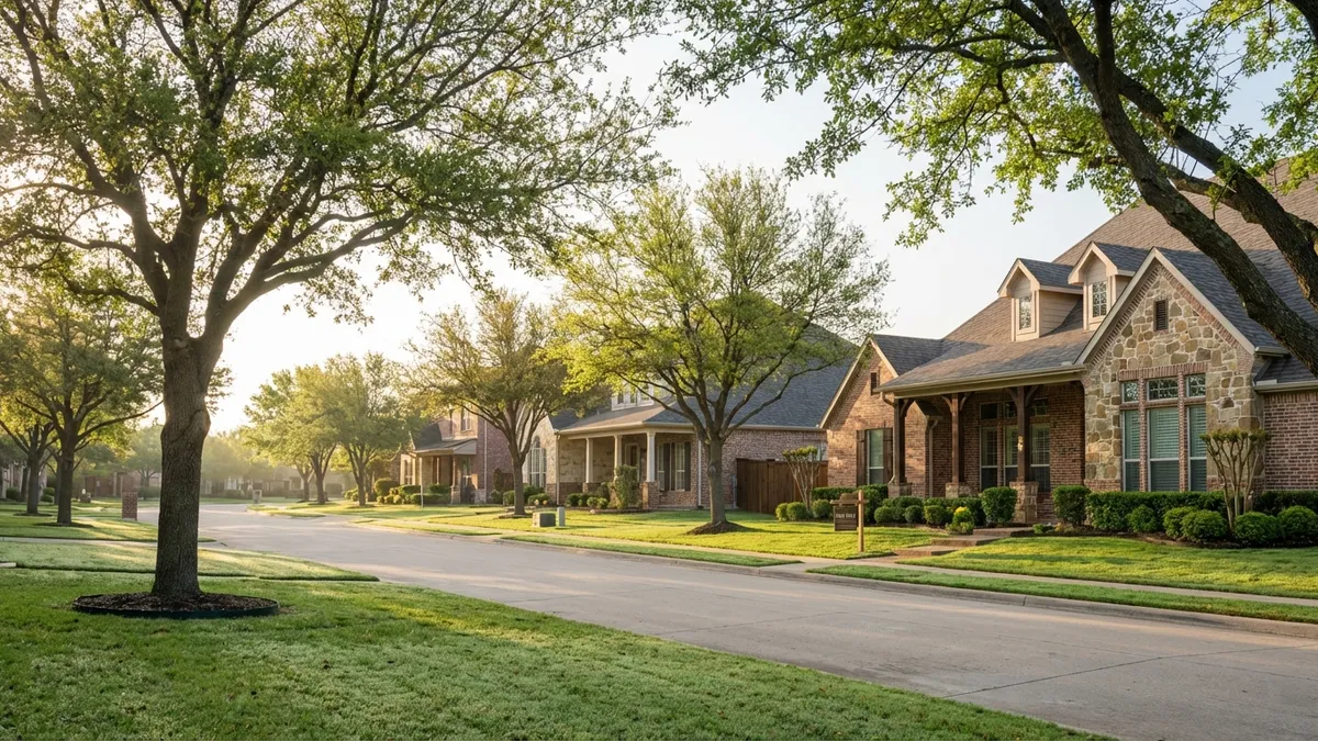 A serene, suburban street in Rockwall, Texas, bathed in the soft, warm light of a spring morning. Lush green lawns, mature trees in full bloom, and well-maintained single-family homes with brick and stone facades. A 'For Sale' sign subtly placed in front of one of the houses. Cinematic lighting, golden hour, 16:9, highly detailed 8k.