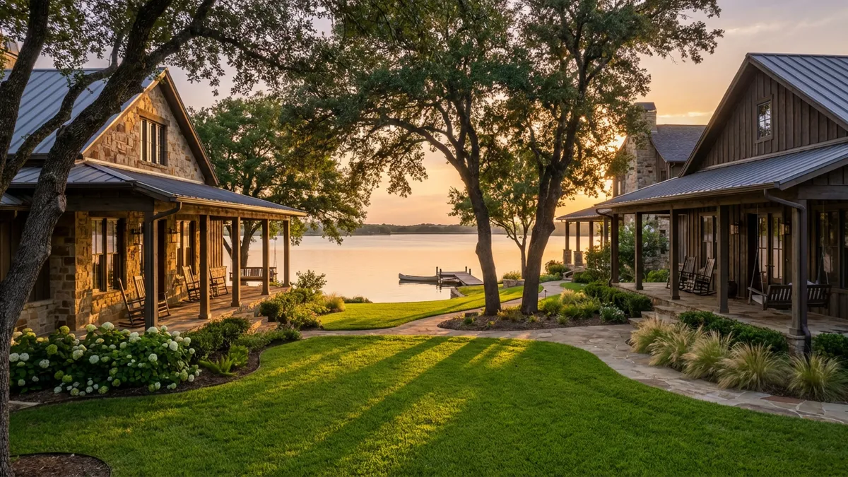A serene lakeside community at golden hour, focus on well-maintained single-family homes with inviting porches, lush green lawns reflecting dappled sunlight. A calm body of water in the background, possibly with a small dock. Soft, warm light, 16:9 aspect ratio, highly detailed 8k photography, cinematic.