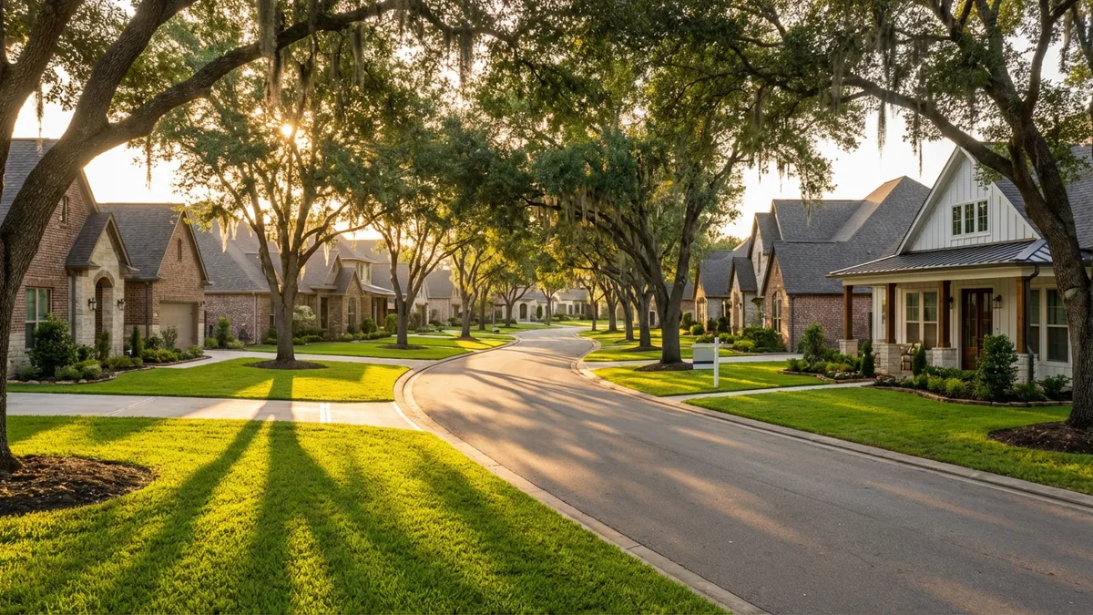Wide-angle view of a serene suburban street in Rosenberg, TX, lined with newly built and well-maintained single-family homes. Sunlight filters through mature oak trees, casting dappled shadows on manicured lawns. A 'For Sale' sign subtly visible in front of one house. Cinematic lighting, golden hour, 16:9, highly detailed 8k.