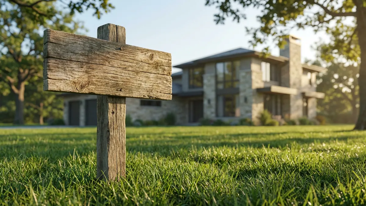 Close-up of a rustic wooden 'SOLD' sign planted firmly in a vibrant green lawn in front of a modern, well-maintained suburban home. Soft, dappled sunlight from a clear spring morning, casting gentle shadows. The sign is slightly weathered, reflecting authenticity. Focus on the texture of wood grain and the crispness of the green grass. Cinematic lighting, golden hour, 16:9, highly detailed 8k.
