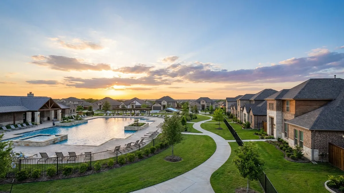 A wide-angle, eye-level shot of a modern, inviting master-planned suburban community in Royse City, Texas, at golden hour. View features a resort-style swimming pool with families, meticulously landscaped green spaces, a walking trail winding through neatly maintained yards of new-build homes with contemporary architecture. A clear, blue sky with soft, diffused light. Cinematic lighting, 16:9, highly detailed 8k.