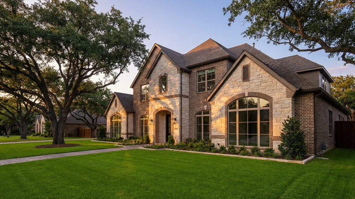 Close-up, detailed shot of an elegant modern luxury home in Sachse, Texas, showing a grand stone and brick facade with large, arched windows. Lush green lawn in the foreground, mature oak trees scattered around the property under a clear blue sky with soft, diffused sunlight. Cinematic lighting, golden hour, 16:9, highly detailed 8k.