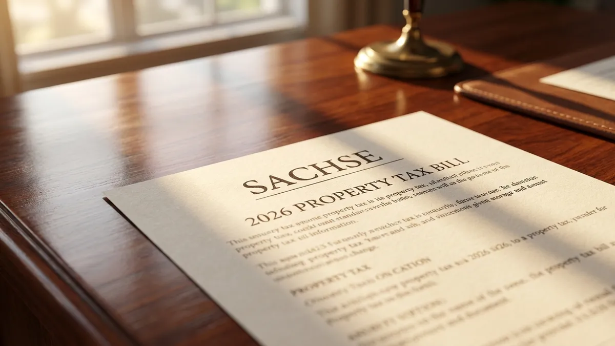 Close-up of a meticulously rendered property tax bill, with the 'Sachse' and '2026' visible, lying on a polished mahogany desk. Soft, warm sunlight streams from a nearby window, creating subtle shadows. The textures of the paper and the desk are highly detailed. Cinematic lighting, golden hour, 16:9, highly detailed, 8k.