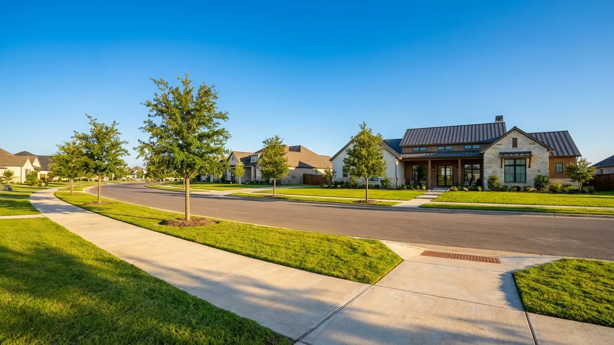 Close-up of a modern suburban street with newly built family homes, manicured lawns, and sidewalks, under a clear blue sky. Warm afternoon light, 8k, cinematic, highly detailed.