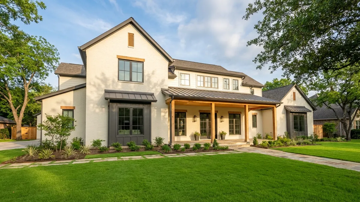 Modern farmhouse style new construction home exterior. Two-story, light colored brick with dark trim. Large front porch with natural wood accents. Perfectly manicured green lawn. Blue sky with soft clouds. Cinematic lighting, bright daylight, 16:9, highly detailed 8k.