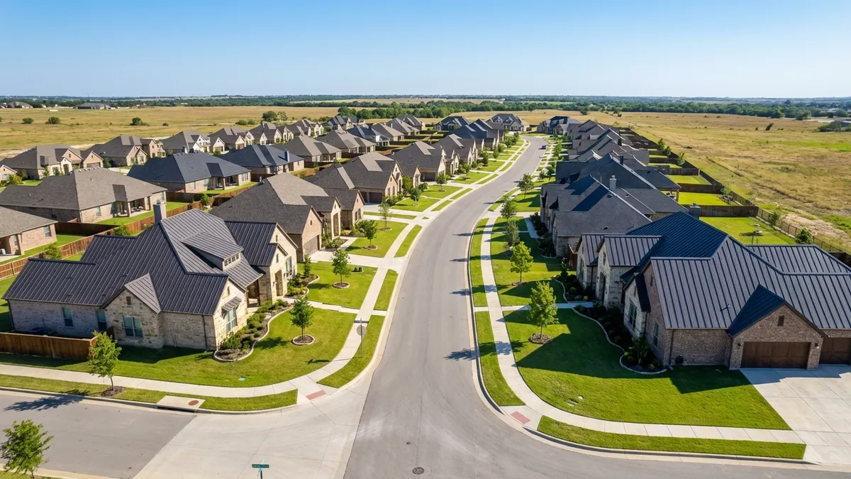 Overhead drone shot, suburban street in Justin, TX. Brand new, modern single-family homes with manicured lawns under a clear blue sky. Roads are clean, sun is bright. 16:9 aspect ratio, highly detailed 8k photography.