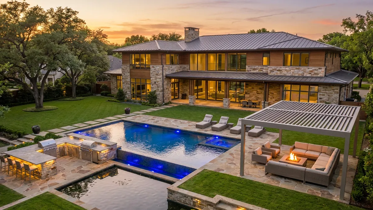 High-angle shot from above a modern-luxury mansion in Highland Park, Texas, at sunset. The meticulously landscaped backyard features an infinity pool with glowing lights, a built-in outdoor kitchen, and comfortable seating arrangements. The house itself boasts clean lines, large windows reflecting the golden hour sky, and a combination of stone and wood elements. The scene is bathed in warm, soft light with long shadows. Cinematic lighting, golden hour, 16:9, highly detailed 8k.