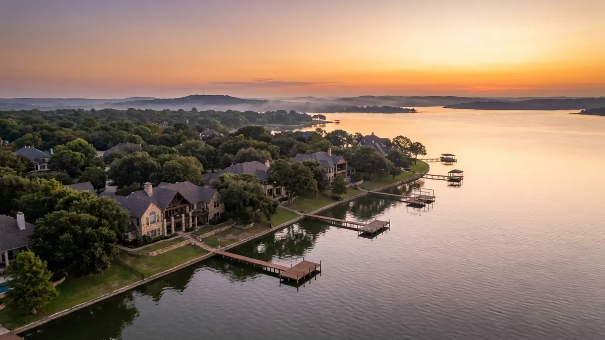 High-angle panoramic view of a serene Lake Lewisville shoreline at golden hour, Shady Shores, Texas. Calm water reflecting the soft orange sky. Lush green trees line the shore. Discreet, elegant lakefront homes with private docks are visible among the trees. Cinematic lighting, haze in the distance for depth. 16:9 aspect ratio, highly detailed 8k.