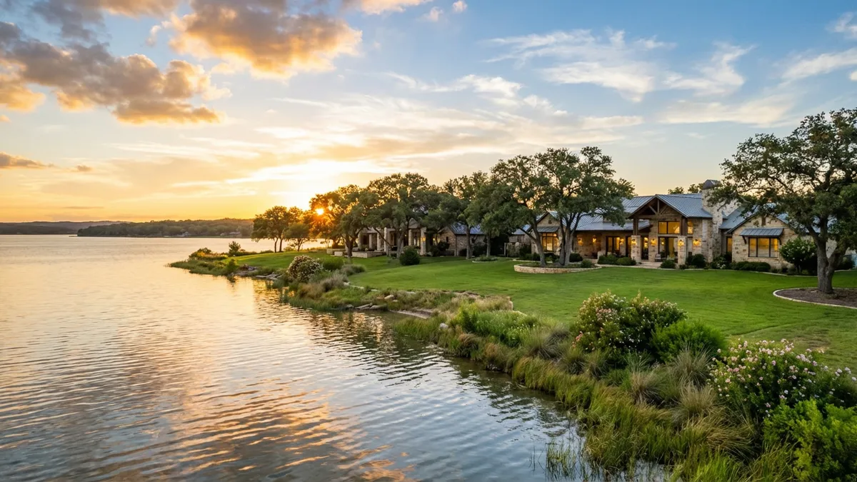 Overlooking a tranquil lake, late afternoon, warm golden light, gently rippling water reflecting clouds, lush green grass on the immediate shore, a few elegant, modern-traditional style homes partially visible through mature trees in the midground, distant hazy shoreline, clear blue sky with soft white clouds, slight wide-angle, cinematic composition, highly detailed, 8k.