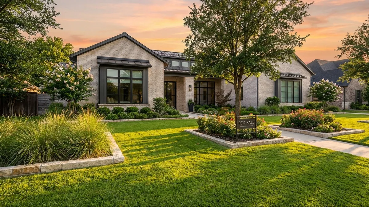Close-up of a meticulously landscaped front lawn of a modern, single-family home in Sherman, TX, bathed in the soft glow of a golden hour sunset. A 'For Sale' sign subtly visible. The house features light brick and dark trim, with a lush green lawn. Cinematic lighting, 16:9 aspect ratio, highly detailed 8k photography.