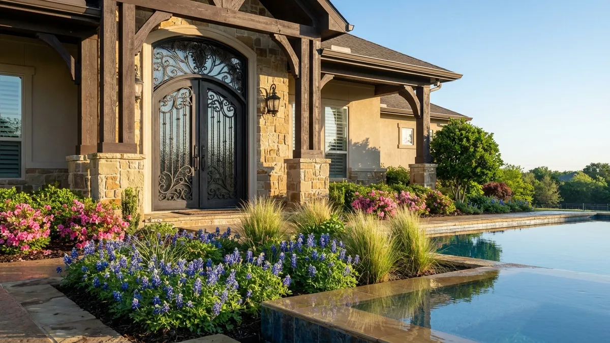 Close-up, highly detailed shot of a custom luxury home in Southlake, Texas. Focus on an architectural detail like an ornate iron door, a meticulously manicured landscape with blooming spring flowers, or a corner of an infinity pool reflecting a blue sky. Cinematic lighting, soft morning sun, 16:9 aspect ratio, highly detailed 8K.