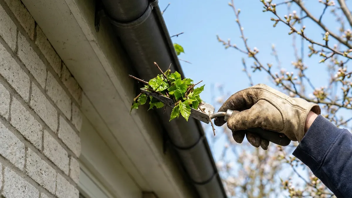 Close-up of a homeowner's hand, wearing work gloves, carefully clearing vibrant green leaves and small twigs from a dark gutter with a small trowel. The gutter is attached to a light-colored brick house. In the background, unfocused, are budding tree branches and a bright, clear spring sky. Cinematic lighting, soft daylight, 16:9, highly detailed 8k.