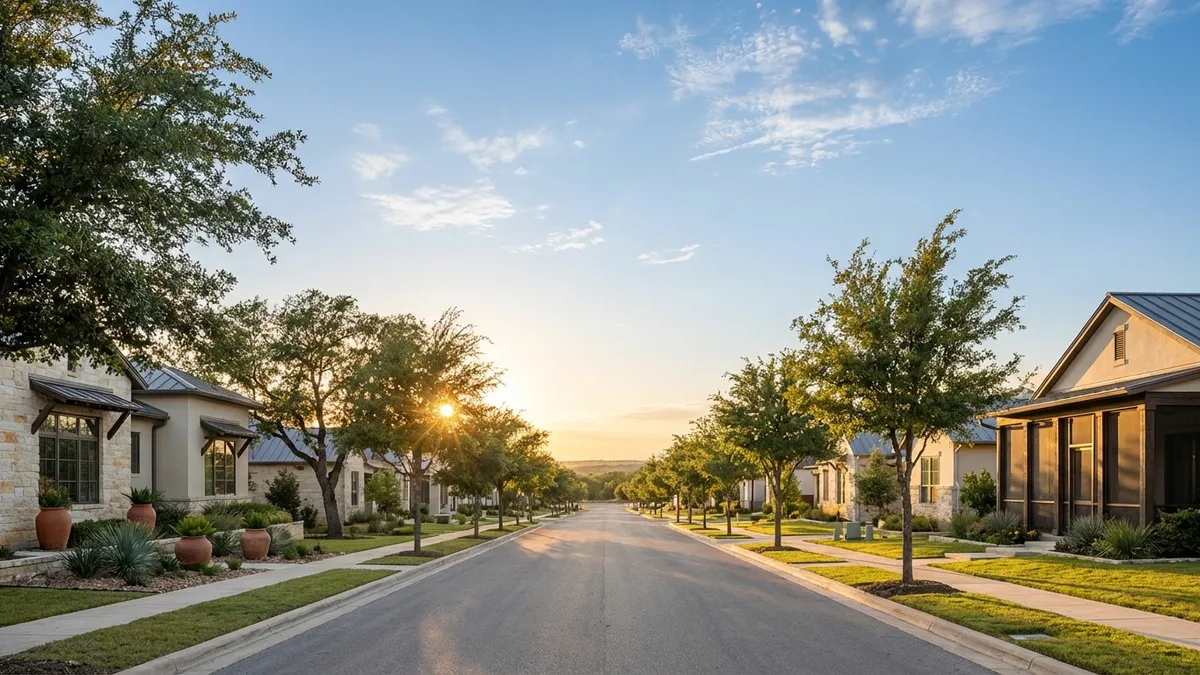 A wide, expansive shot of a modern, well-maintained residential street in Springtown, Texas, with mature trees and neatly landscaped front yards. The sun is at a low angle, casting long shadows and creating a warm, golden hour glow. Clear blue sky with a few wispy clouds. Focus on the architecture and clean lines of the homes. Cinematic lighting, golden hour, 16:9, highly detailed 8k.