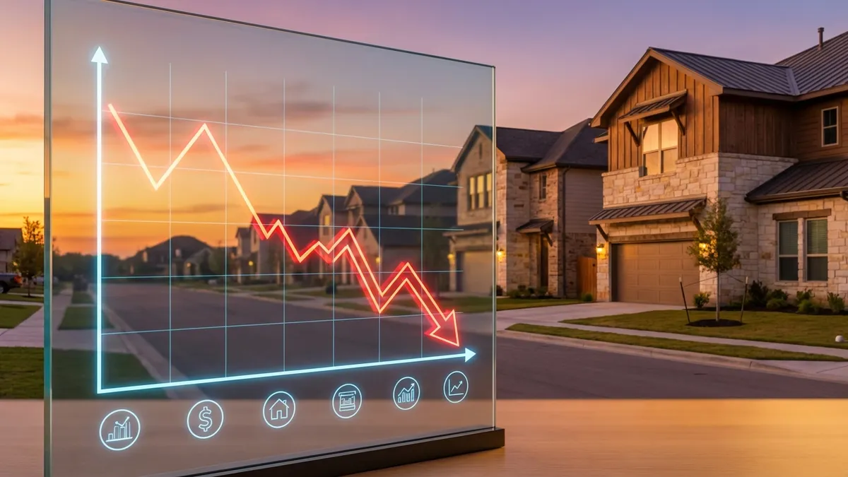 Close-up of a digital real estate graph showing a downward trend, with a subtle overlay of a modern residential neighborhood in Taylor, Texas, viewed at sunset. Cinematic lighting, golden hour, 16:9, highly detailed 8k.