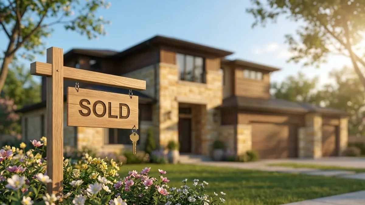 Close-up of a 'Sold' sign with a key hanging from it, in front of a modern suburban house in Taylor, Texas. Soft morning sunlight, blooming spring flowers in the foreground, clear blue sky. Cinematic lighting, golden hour, 16:9, highly detailed 8k.