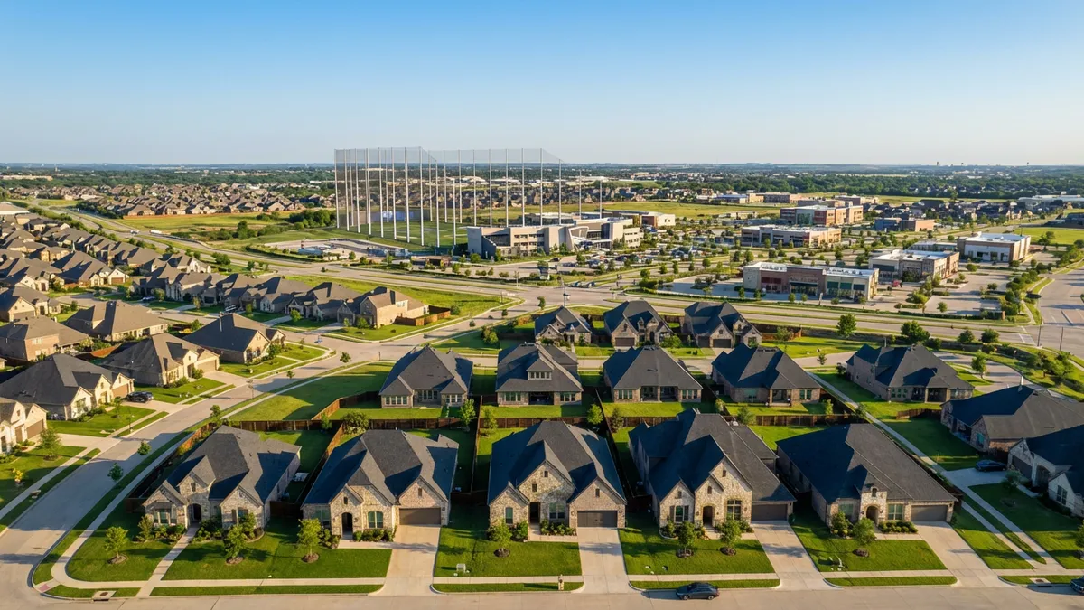 High-angle shot of a master-planned suburban community in North Texas. Modern single-family homes with well-maintained green lawns under clear blue skies. In the distance, a large mixed-use entertainment complex with distinctive architecture, featuring a Topgolf net, bright signage, and commercial buildings. Cinematic lighting, late afternoon sun, 16:9 aspect ratio, highly detailed 8k.
