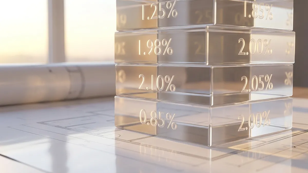 Close-up of a stack of transparent acrylic blocks, each engraved with numbers representing property tax rates, sitting on a glossy real estate blueprint. Focus is on the intricate engraving details. Soft, diffused natural light. Minimalist, clean aesthetic. Cinematic lighting, golden hour, 16:9, highly detailed 8k.