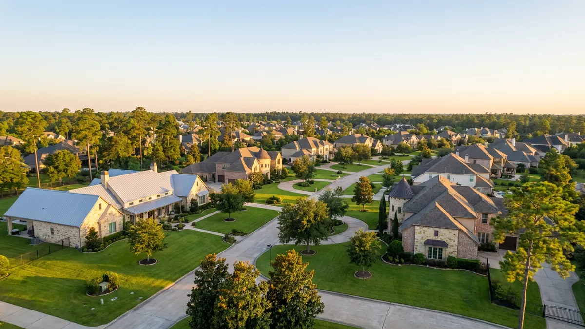 A panoramic aerial view of a meticulously landscaped, high-end residential neighborhood in The Woodlands, Texas, featuring large, custom-built luxury homes with lush green lawns and mature trees. The setting is under a clear morning sky with soft, diffused sunlight casting long shadows. Architectural styles vary from traditional to modern, all exuding opulence and sophistication. Cinematic lighting, golden hour, 16:9 aspect ratio, highly detailed 8k.
