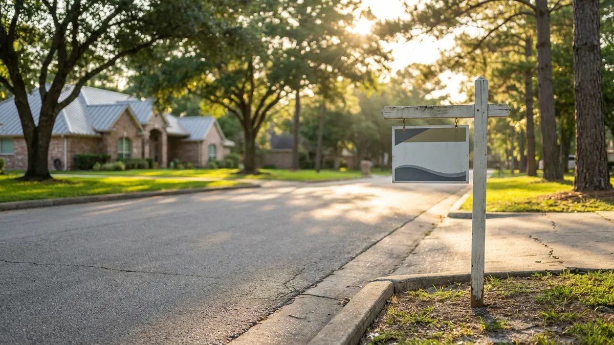 Close-up of a blurred modern suburban street in Tomball, Texas, sun dappled through trees, with a 'For Sale' sign in the foreground, highly detailed, sharp focus on the sign and adjacent curb, cinematic lighting, golden hour, 16:9 aspect ratio, 8k.