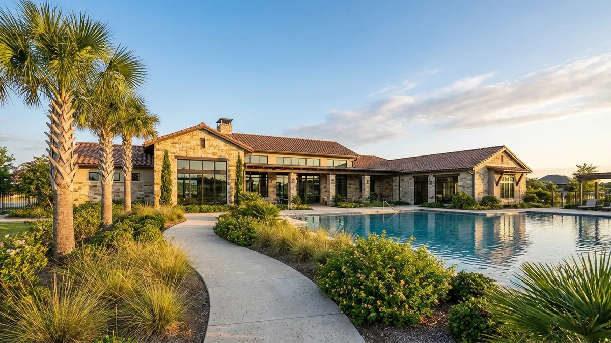 Cinematic lighting, golden hour, 16:9, highly detailed 8k. Wide shot of a modern master-planned community clubhouse with a large, inviting swimming pool in the foreground. Lush green landscaping, palm trees, no people. A winding concrete path leads towards the building. Architectural elements of the clubhouse feature stone and large glass windows. Clear blue sky with soft, diffuse clouds. Focus on the texture of the water, the reflections on the glass, and the detailed foliage.