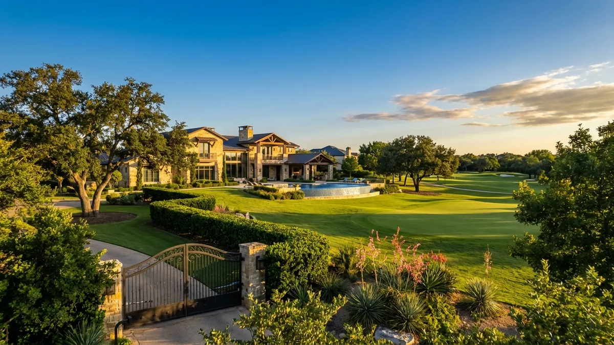 A wide, expansive view of a highly manicured, exclusive golf course with a large, ultra-luxury, modern estate visible in the distance, bathed in golden hour sunlight. Lush green fairways. Clear blue Texas sky. Gated entrance in the foreground. Cinematic lighting, 16:9, highly detailed 8k. Focus on textures of natural stone, custom landscaping, and the sparkling blue of a resort-style pool.