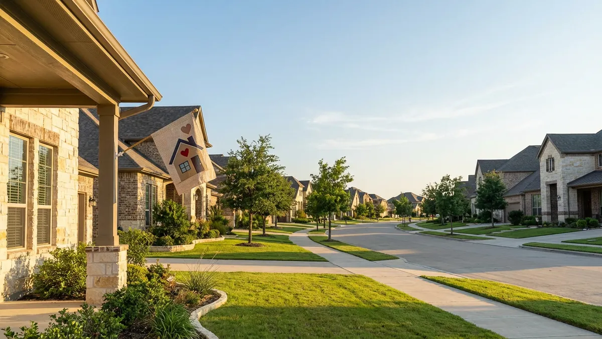 A wide, cinematic shot of a well-maintained, modern suburban street in Texas, with a 'Welcome Home' banner subtly visible on a porch. The street is lined with mature green trees and manicured lawns. Sunlight casts long shadows, indicating either early morning or late afternoon. The sky is a clear, soft blue with a few wispy clouds. The focus is on the architecture of the homes and the inviting feel of the neighborhood, without any people or specific military insignia. Cinematic lighting, golden hour, 16:9, highly detailed 8k.