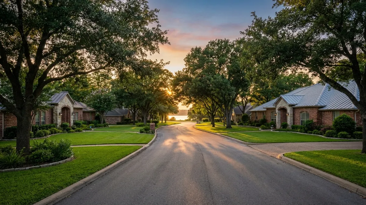 A wide-angle landscape shot of a tranquil street in Willow Park Village, Granbury, Texas, at golden hour. Mature oak trees line the road, casting long shadows. Traditional brick ranch-style homes are visible on generous, well-maintained lots with lush green lawns. A subtle glint of sunlight reflects off a distant body of water, hinting at Lake Granbury's proximity. The sky is a soft gradient of orange and blue. Cinematic lighting, highly detailed 8k, 16:9 aspect ratio.