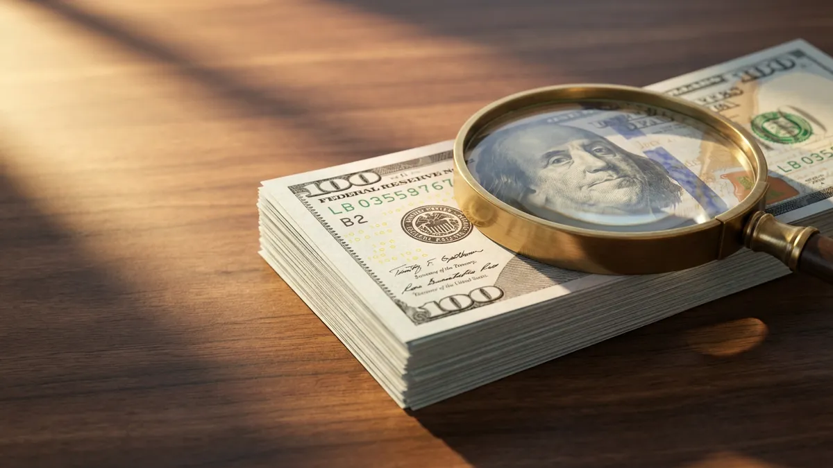 Close-up of a neatly stacked pile of new US dollar bills, with a magnifying glass resting on top, slightly distorting the bills beneath. The scene is lit with soft, ambient light, casting subtle shadows. A modern, polished wooden desk surface serves as the background. Focus is sharp on the currency and magnifying glass. Cinematic lighting, golden hour, 16:9, highly detailed 8k.