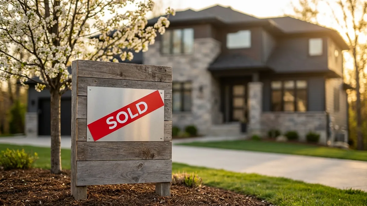 Close-up shot of a modern real estate sign, 'SOLD' banner partially visible, with a soft-focus background of a freshly bloomed flowering tree and a well-maintained, contemporary Wylie, Texas suburban home. Golden hour, cinematic lighting, 16:9, highly detailed 8k.
