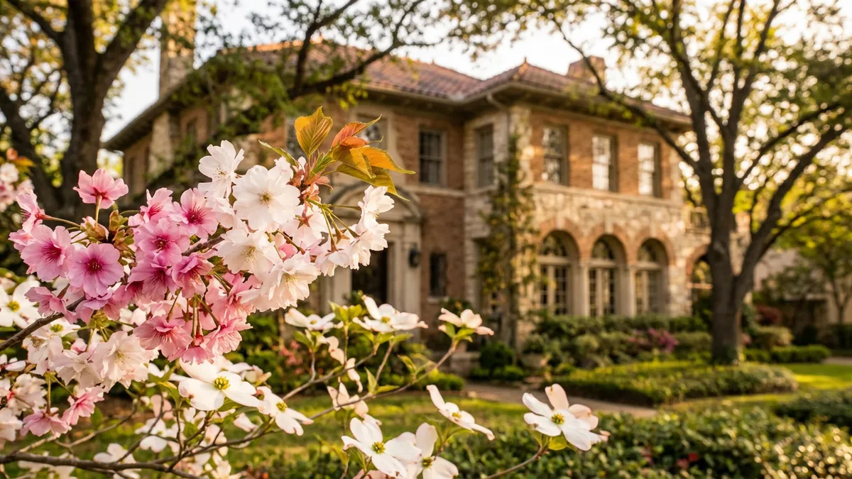 Close-up of vibrant spring blossoms in soft focus, with elegant, historic Alamo Heights architecture in the background. Golden hour light, cinematic, 16:9 aspect ratio, highly detailed 8K. The texture of blooming flowers is crisp, contrasting with the slightly blurred, sophisticated stone and brick of a luxurious home. Natural light, inviting atmosphere.