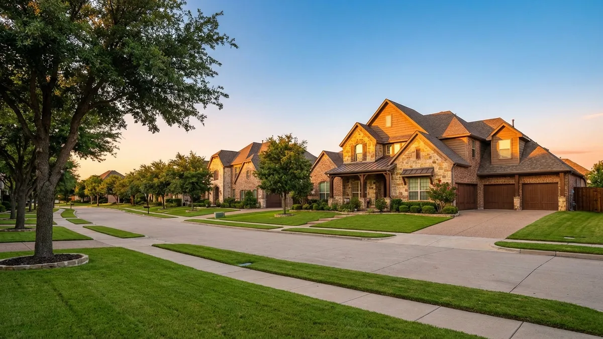 A modern, suburban street in Allen, TX, bathed in soft morning light. Manicured lawns, mature trees, and contemporary, traditional Texas-style homes. A clear, blue sky with hints of a rising sun. Focus on architectural details and welcoming curb appeal. Cinematic lighting, golden hour, 16:9, highly detailed 8k.