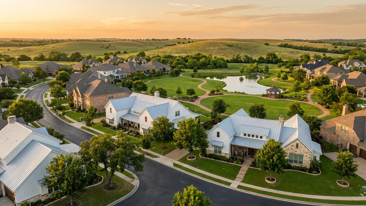 A wide, expansive view of a modern, idyllic master-planned community. Foreground: curved, tree-lined street with new, but tastefully designed single-family homes. Midground: a vibrant community park with lush green grass, a small pond reflecting a clear blue sky, and a well-maintained walking trail. Background: gently rolling hills under a soft, golden hour light. The architecture is a mix of contemporary farmhouse and traditional brick. Cinematic lighting, golden hour, 16:9, highly detailed 8k. Focus on texture of brick and stone, shimmer on pond water, and deep greens of trees.