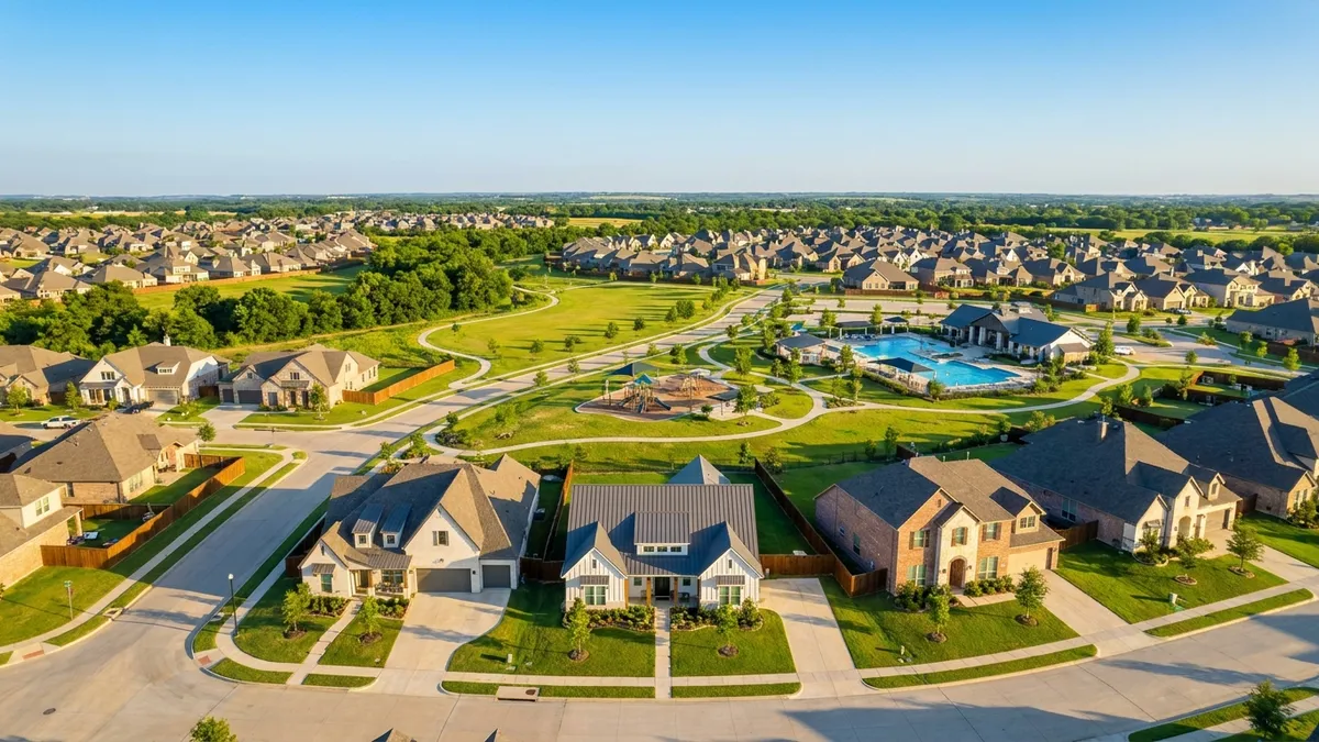 High-angle drone shot capturing a vibrant, modern, master-planned community in Aubrey, Texas. Focus on a clear, sunny day with green landscapes, community parks, sparkling swimming pools, and well-maintained single-family homes with diverse architectural styles, all against a clear blue sky. Cinematic lighting, golden hour, 16:9, highly detailed 8k.