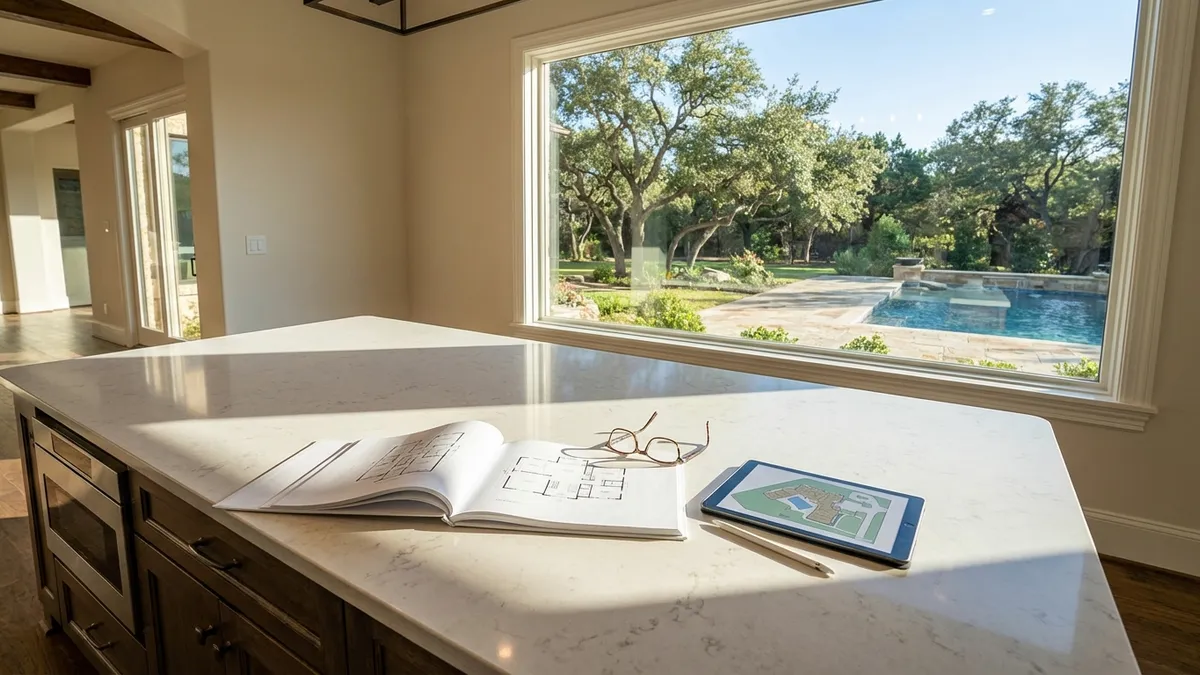 High-angle shot looking down at a detailed home inspection report open on a modern kitchen island. A hand points to a highlighted section. In the background, a large window reveals a sunny, well-maintained backyard with mature trees. Cinematic lighting, bright and natural. 16:9, highly detailed 8k.