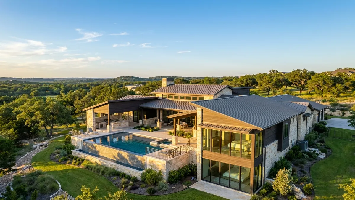 High-angle drone shot capturing a sprawling, modern luxury home in Bee Cave, Texas, nestled within lush green Hill Country terrain. An infinity-edge pool shimmers under a clear, bright blue sky with a few wispy clouds. The home features extensive covered patios, an outdoor kitchen visible, and large windows reflecting the natural light. Golden hour, cinematic lighting, 16:9, highly detailed, 8k, warm tones, natural textures, expansive views. 