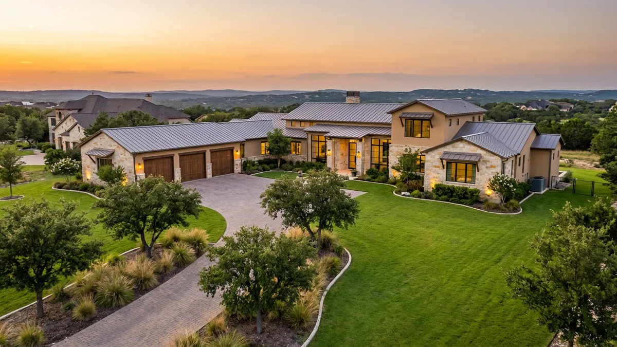 A panoramic view of a luxurious, sprawling estate in Fair Oaks Ranch, TX, during golden hour. The home, in a contemporary ranch style with a stone and stucco exterior, is nestled amidst manicured green lawns and mature oak trees. A long, winding driveway leads to a three-car garage. In the background, rolling hills under a soft, golden sky. Cinematic lighting, wide shot, 16:9, highly detailed 8k, natural light, no people.