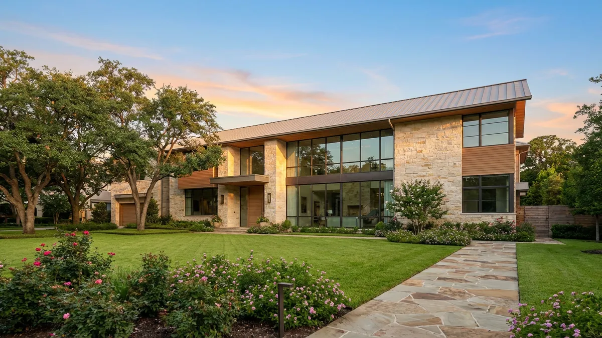 A wide shot capturing the exterior of a modern luxury home in Bunker Hill Village, Houston, Texas. Early morning light, soft highlights on stone and glass. Lush, manicured landscaping in the foreground. Clear, blue sky with hints of sunrise. 16:9 aspect ratio, 8k, cinematic, highly detailed foliage textures. No people, no text.